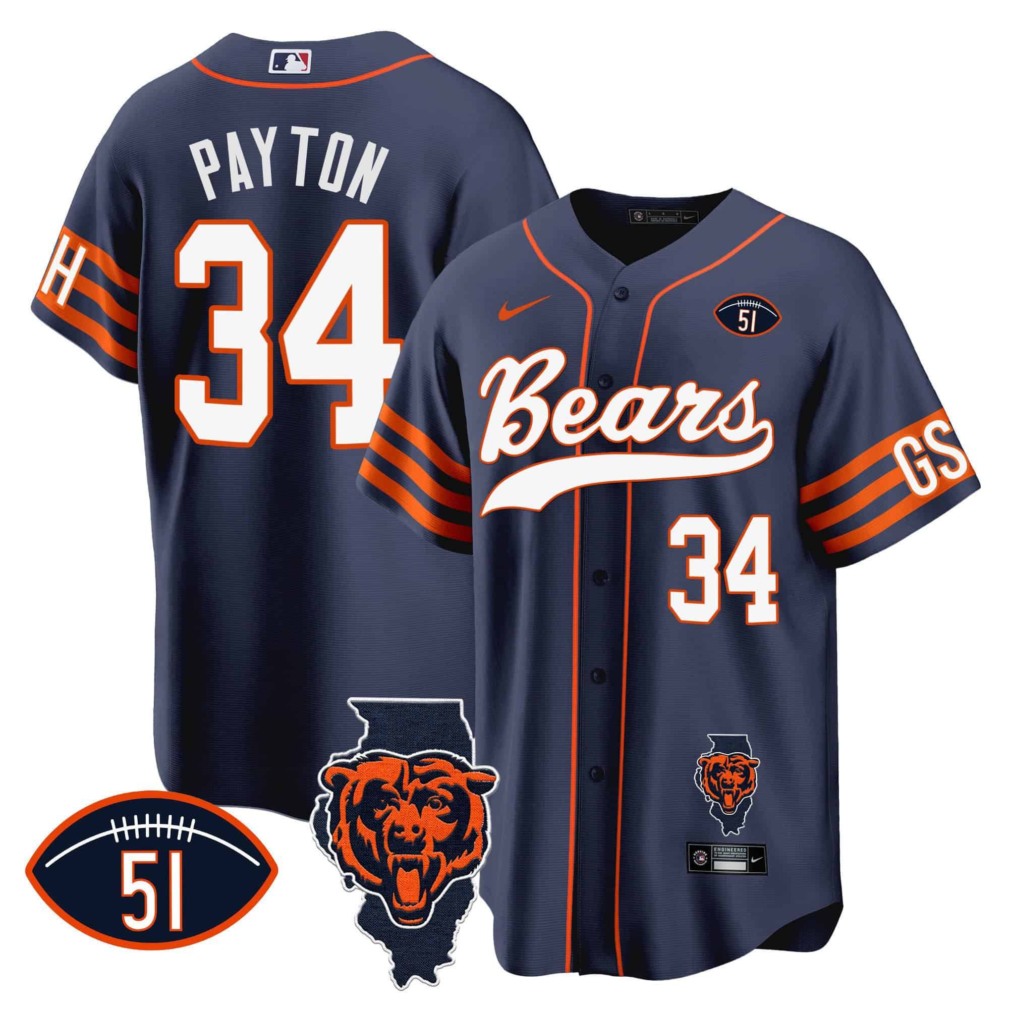 Men Chicago Bears #34 Payton Blue 2024 Nike Patch Baseball NFL Jersey style 1